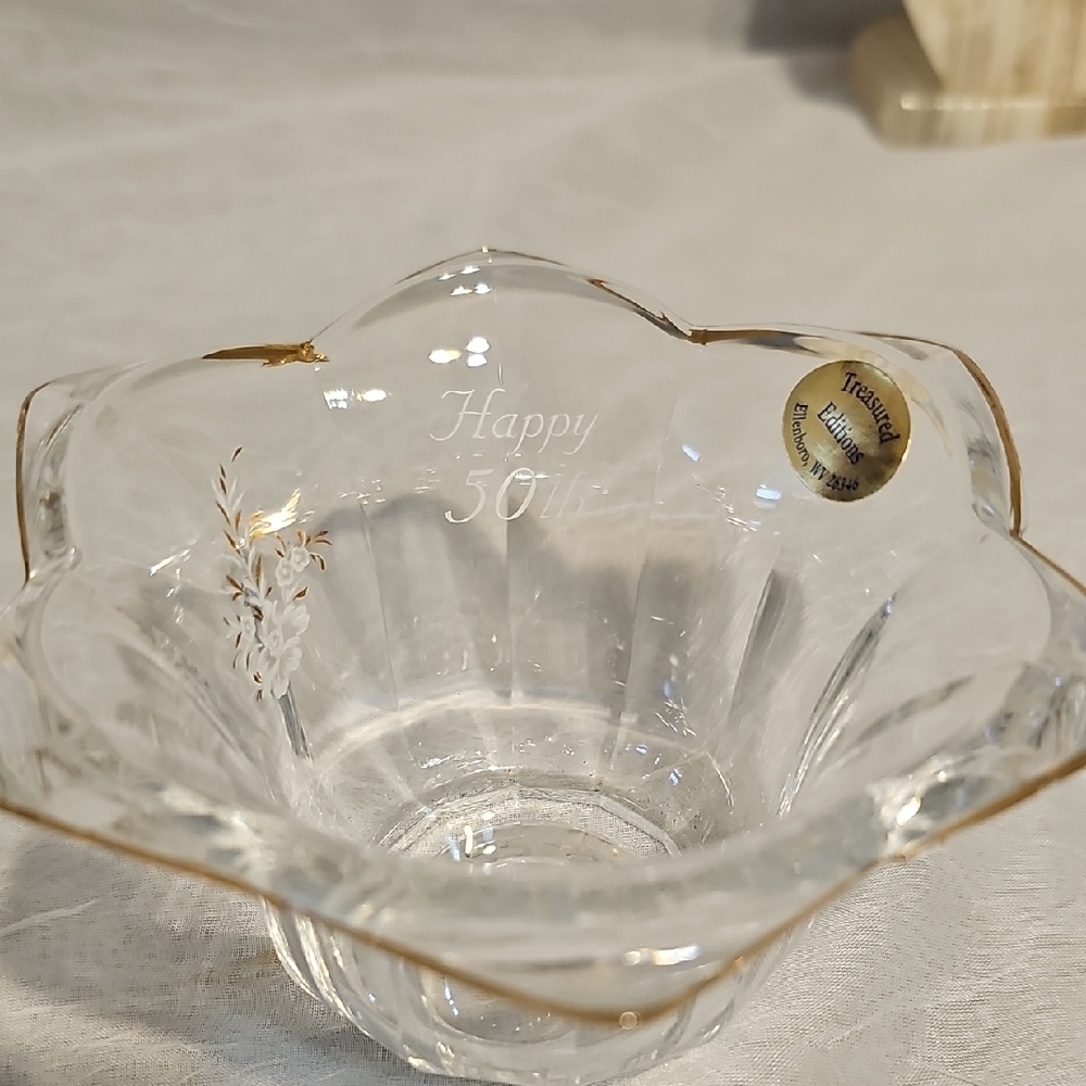 Red Edition Clear and Gold Decorative Bowl With Flower And Happy 50th Etching